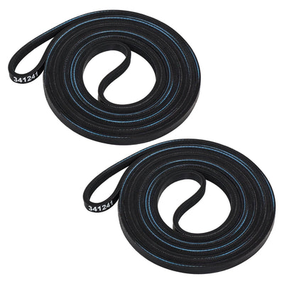 Two 341241 replacement dryer drum belts for Whirlpool and Kenmore dryers.