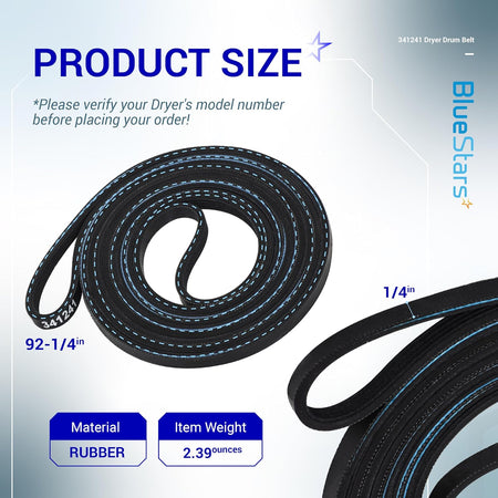 Infographic showing dimensions of 341241 dryer drum belt for Whirlpool and Kenmore dryers.