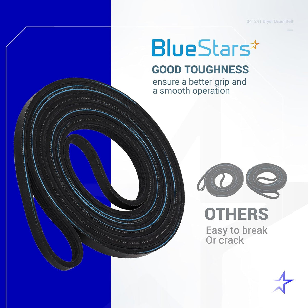 Coiled 341241 dryer drum belt for Whirlpool and Kenmore dryers, showing durable construction for smooth operation.