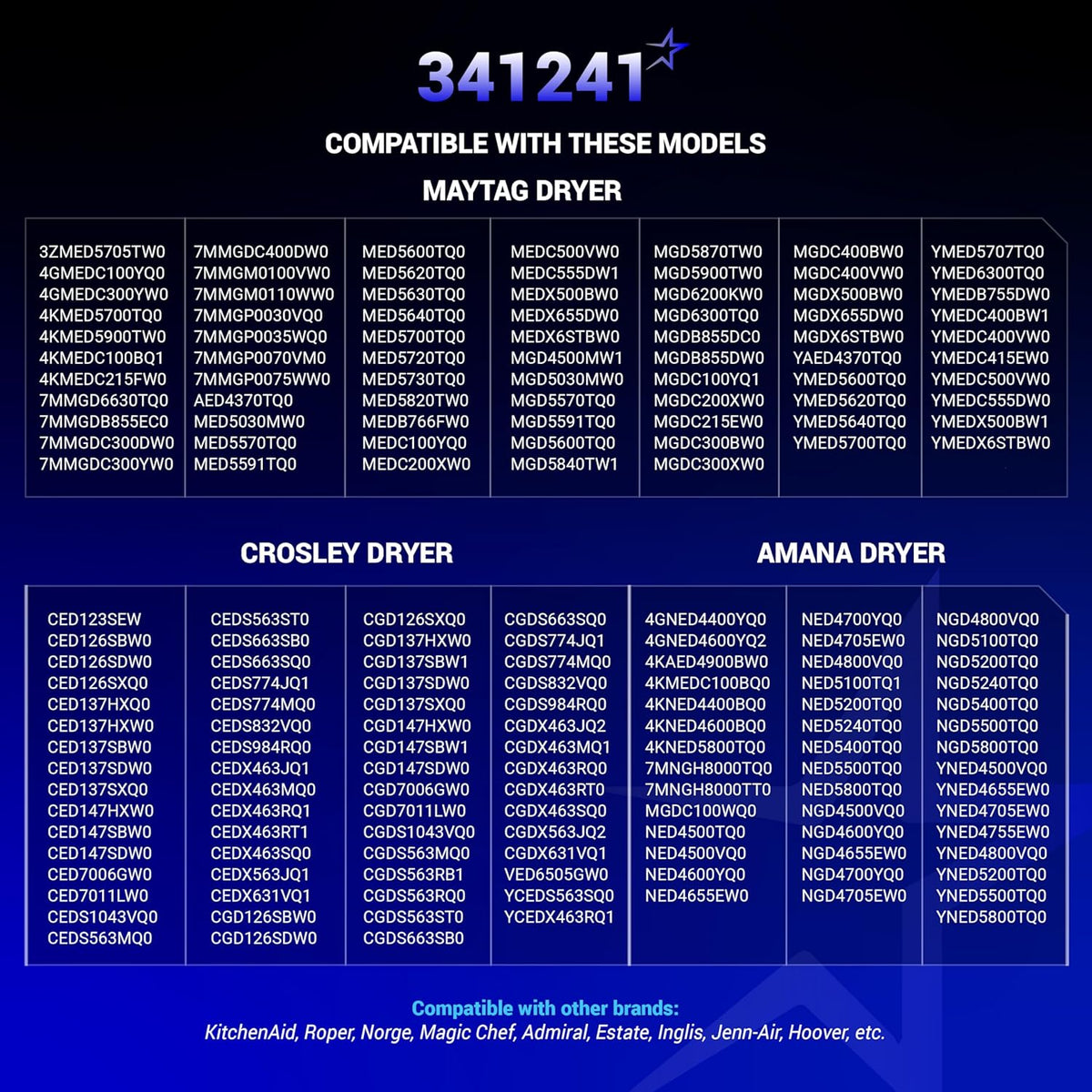 Compatibility chart for 341241 dryer drum belt listing Maytag, Crosley, and Amana dryer model numbers.