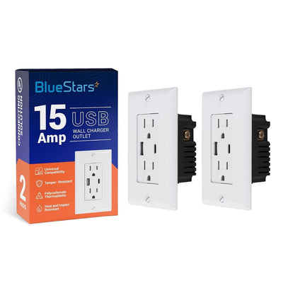 Two 15 Amp USB wall charger outlets with their blue and orange retail packaging box.