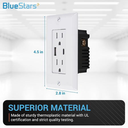 Single 15 Amp electrical USB wall charger outlet with 4.5 by 2.8 inch dimensions and thermoplastic construction.