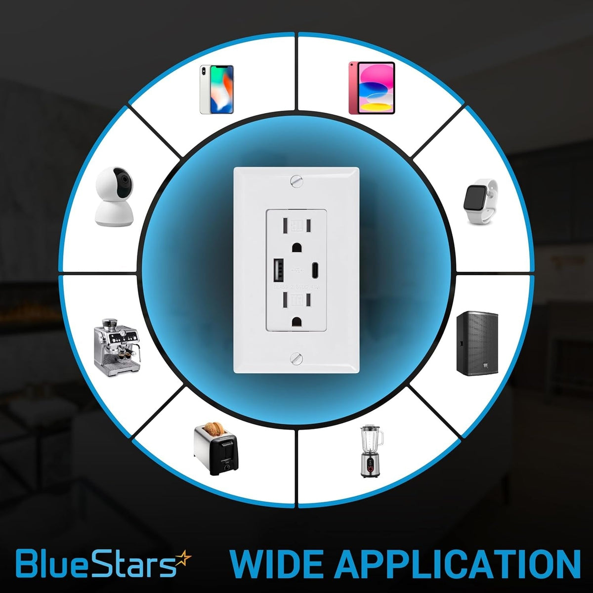 15 Amp USB wall charger outlet showing compatibility with various household electronics and mobile devices.