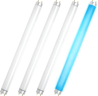 Pack of four T8 10W replacement light bulbs with 2-pin bases, including one illuminated blue bulb.