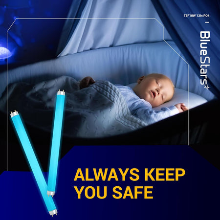 Two T8 10W replacement light bulbs with 2-pin bases shown in a promotional graphic for a baby nursery.