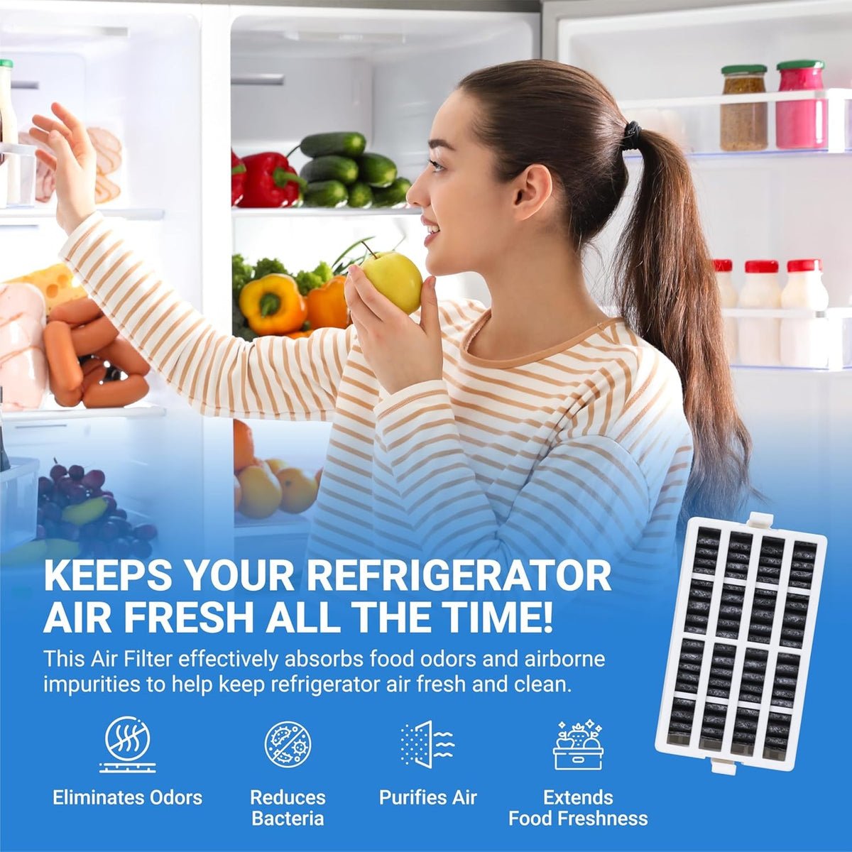 W10311524 AIR1 refrigerator air filter cartridge shown with a woman in a fresh, organized refrigerator.
