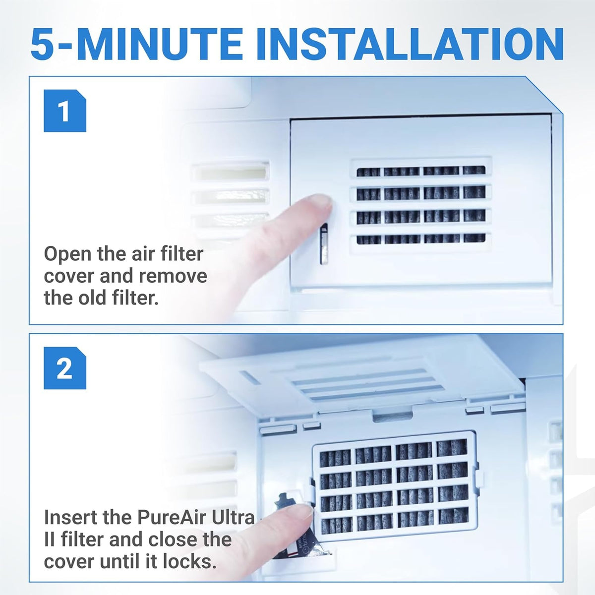 Two-step installation guide for W10311524 refrigerator air filter showing how to open the cover and insert the filter.