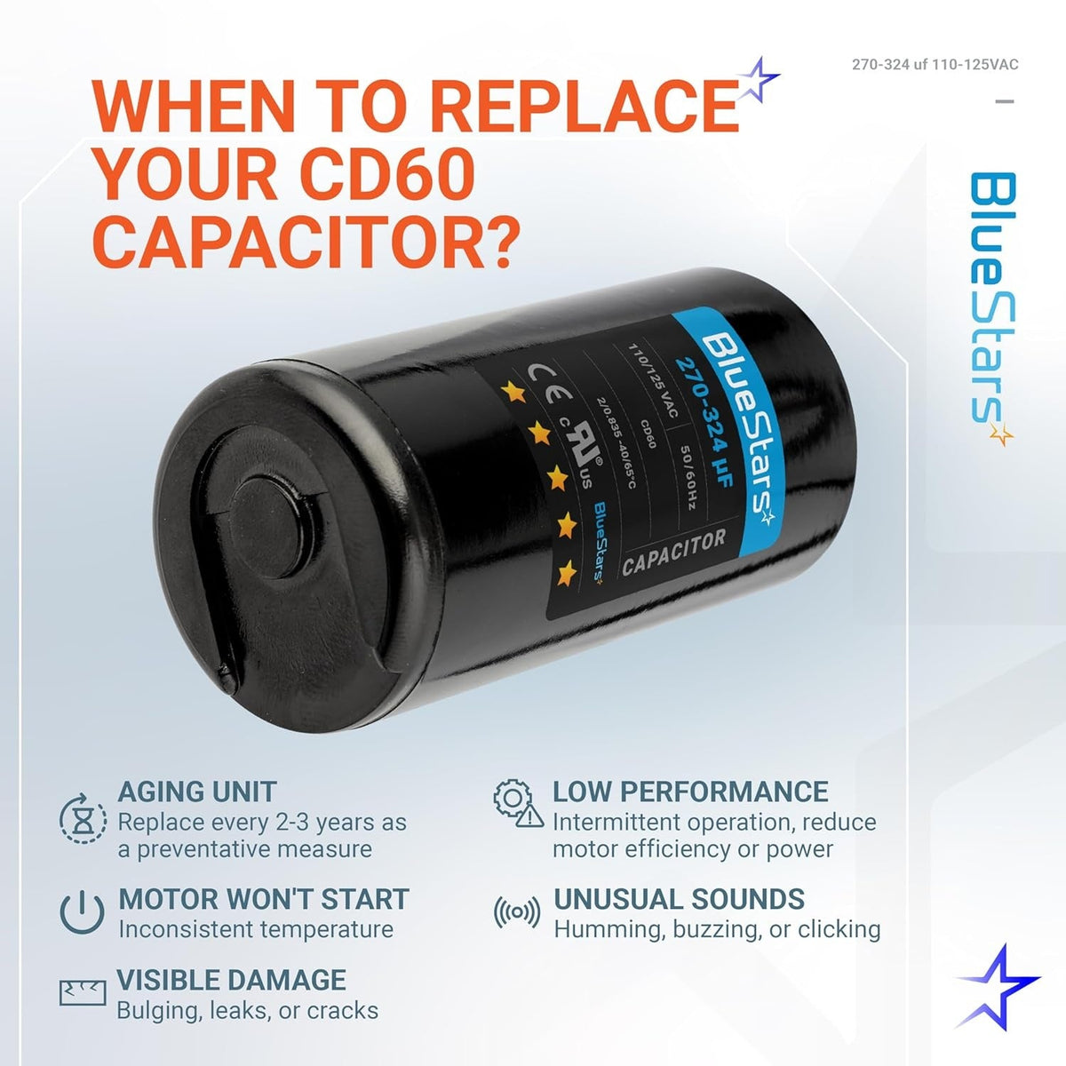 Informational graphic showing a 270-324 uF 110-125 VAC round motor start capacitor and signs for when to replace it.