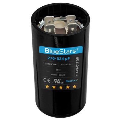 BlueStars 270-324 uF 110-125 VAC round motor start capacitor with terminal connectors.