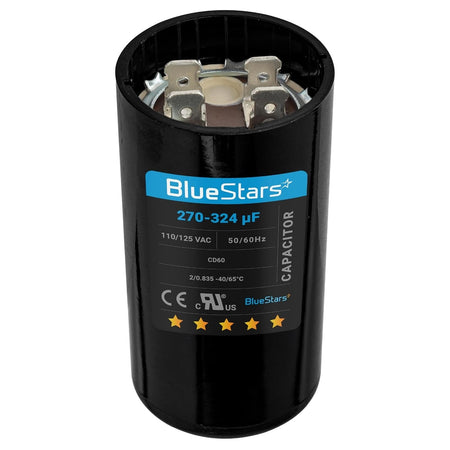 BlueStars 270-324 uF 110-125 VAC round motor start capacitor with terminal connectors.