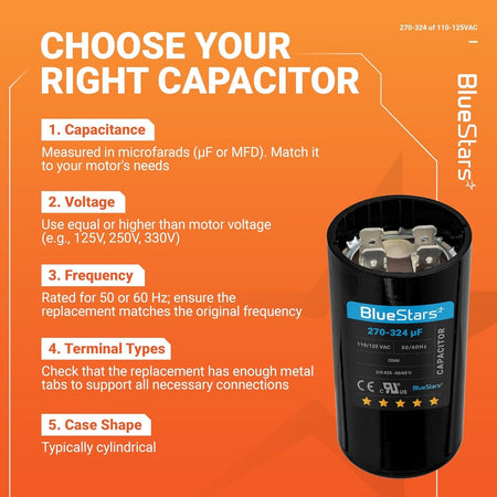Infographic guide for selecting a 270-324 uF 110-125 VAC round motor start capacitor for pool and well pumps.