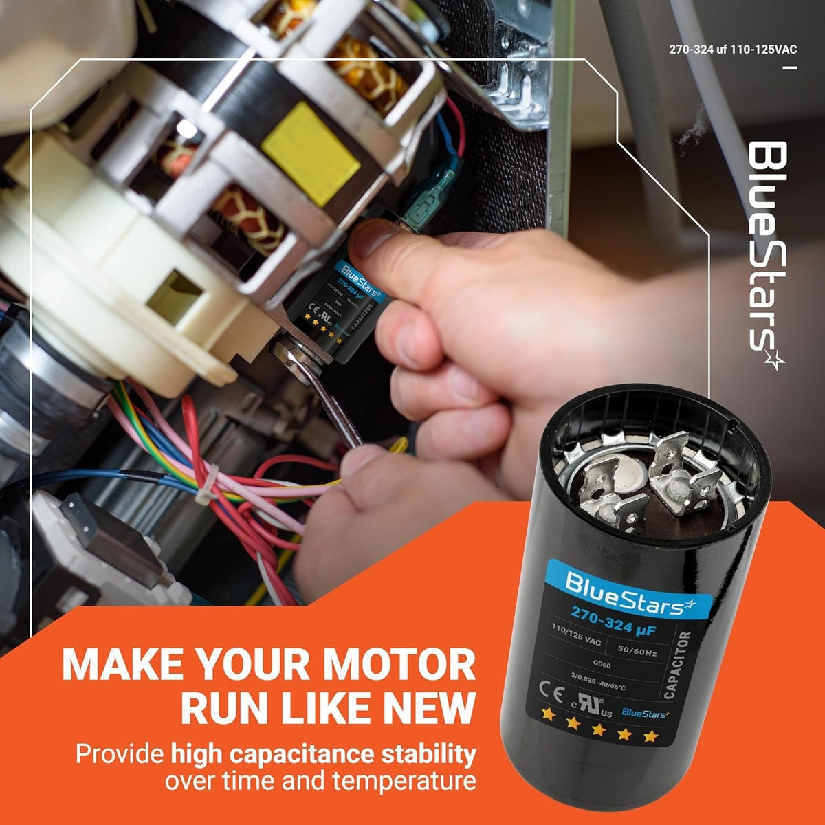BlueStars 270-324 uF 110-125 VAC round motor start capacitor being installed in a pump motor.