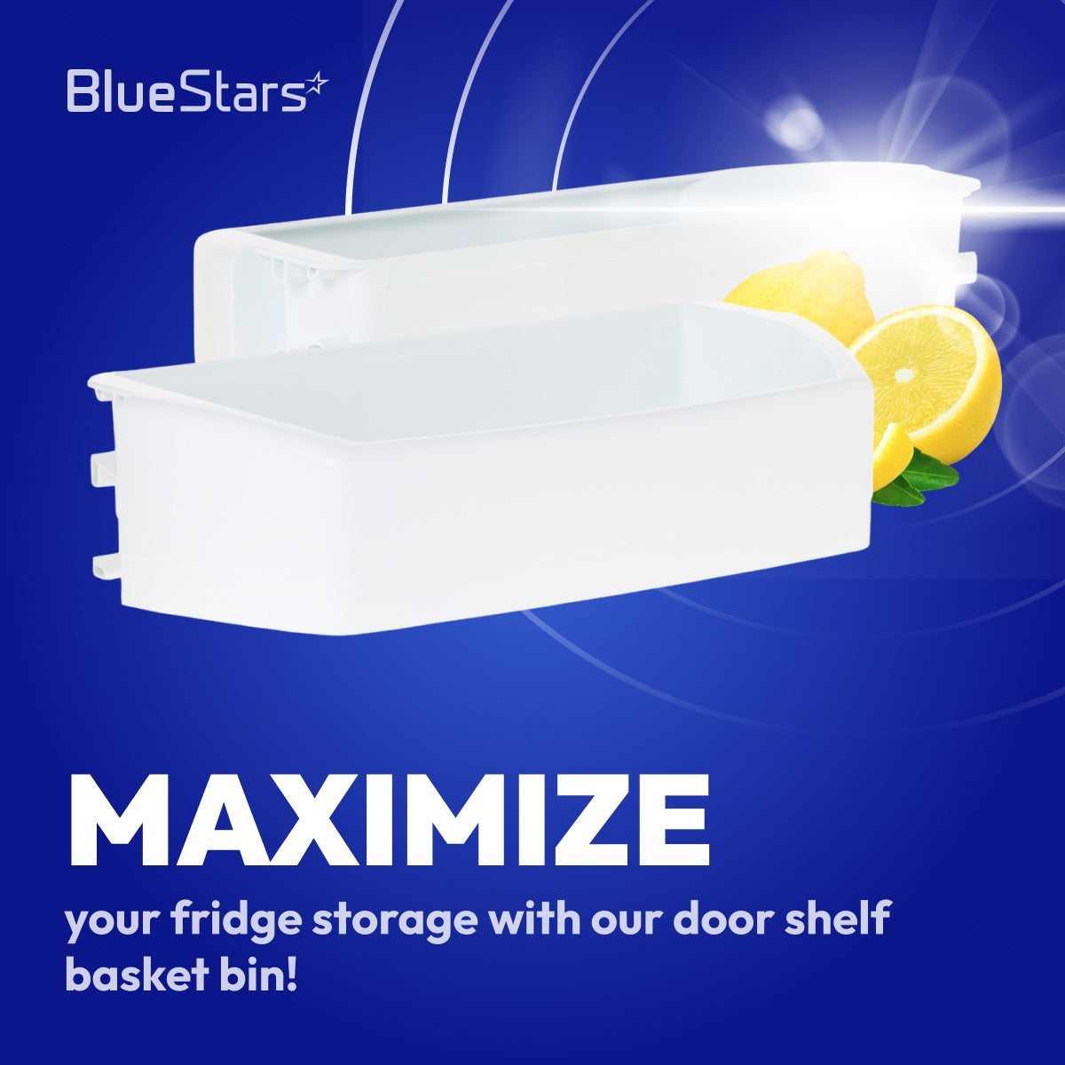 WR71X10781 Refrigerator Door Shelf Bin Adjustable shown against a blue background with lemons and storage text