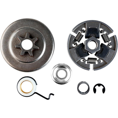 Clutch drum sprocket, clutch assembly, worm gear, bearing, washer, and E-clip for Stihl chainsaws.