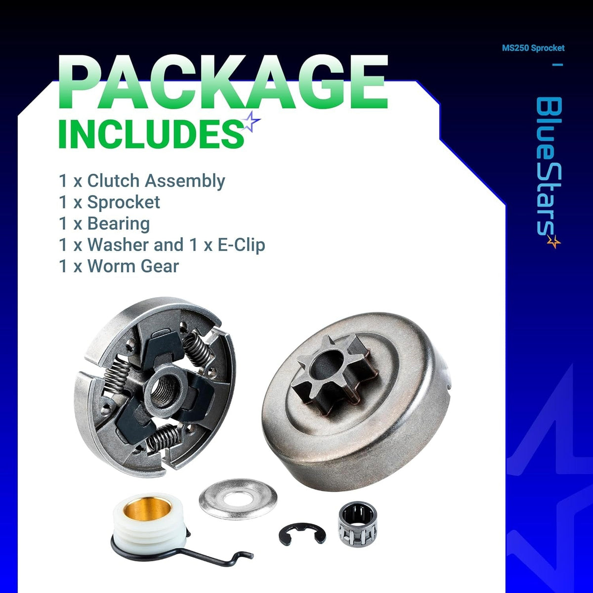 Clutch drum sprocket, bearing, washer, E-clip, and worm gear kit for Stihl chainsaws.