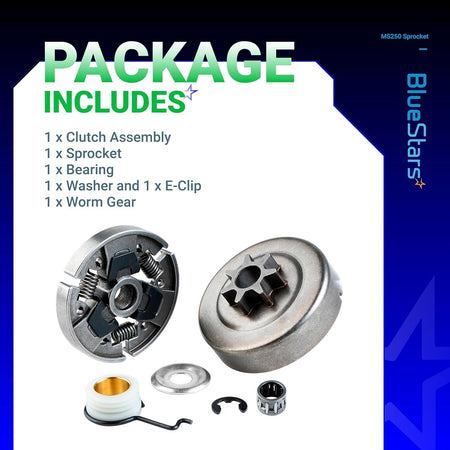 Clutch drum sprocket, bearing, washer, E-clip, and worm gear kit for Stihl chainsaws.