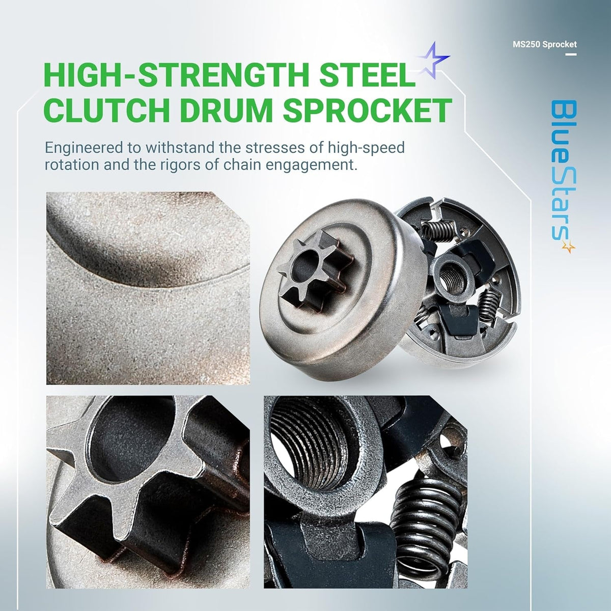 High-strength steel 3/8" 7T clutch drum sprocket and clutch assembly for Stihl chainsaws.