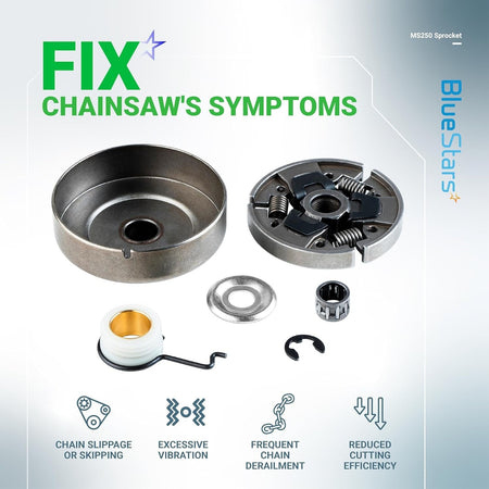 Clutch drum, sprocket, bearing, washer, E-clip, and worm gear kit for Stihl chainsaws.