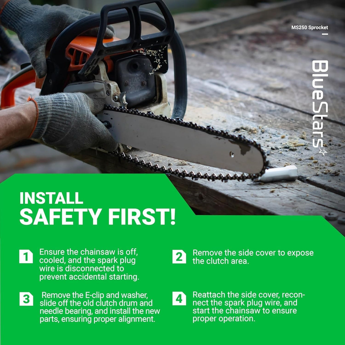 Instructional graphic showing how to install a clutch drum sprocket on a Stihl MS250 chainsaw.