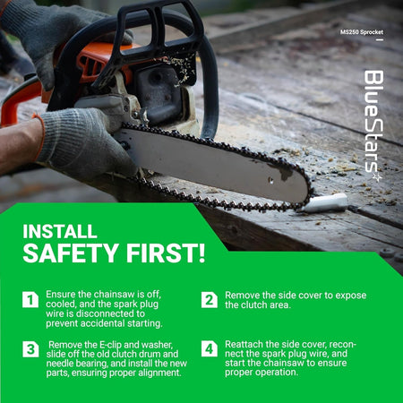 Instructional graphic showing how to install a clutch drum sprocket on a Stihl MS250 chainsaw.