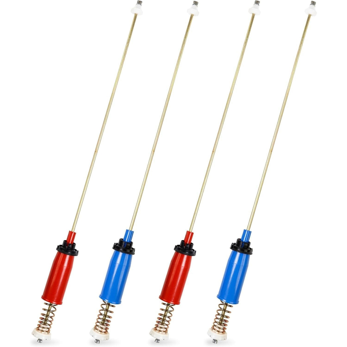 Set of four 28.5-inch washer suspension rods with red and blue housings for GE and Hotpoint washing machines.