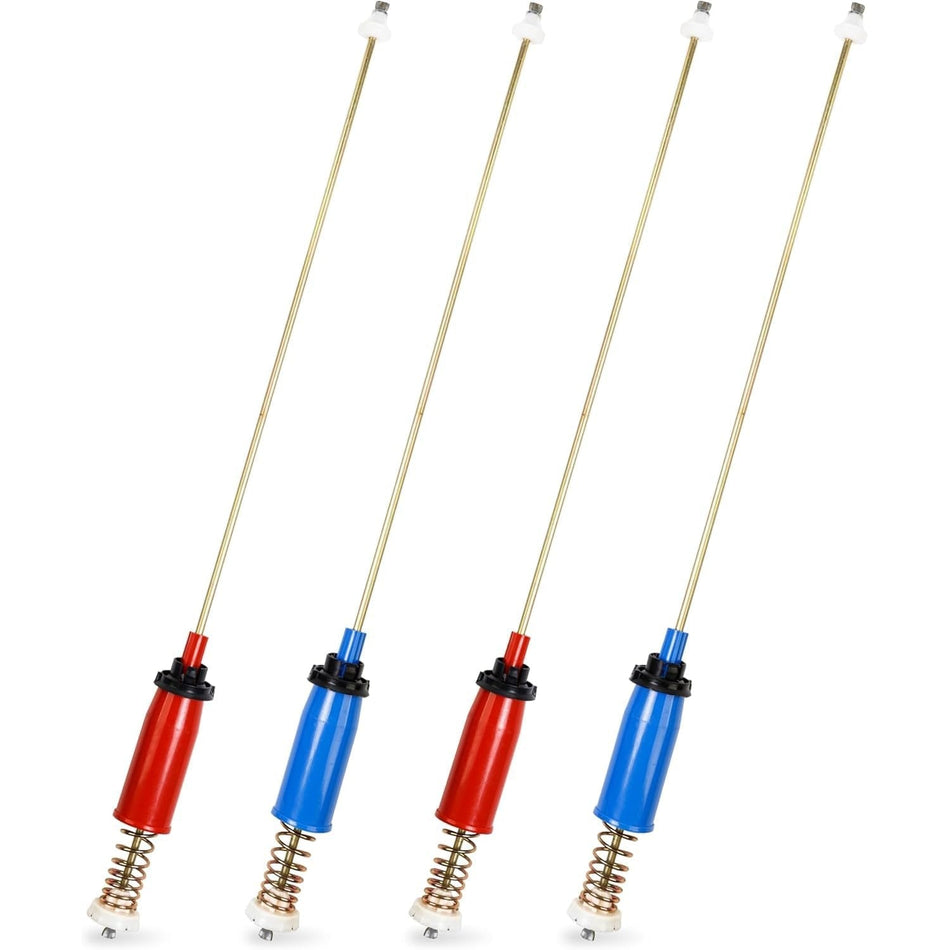 Set of four 28.5-inch washer suspension rods with red and blue housings for GE and Hotpoint washing machines.