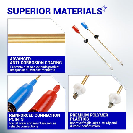 Infographic showing anti-corrosion coating, reinforced connections, and polymer parts for GE washer suspension rod set.