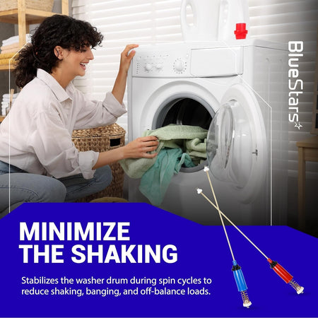 GE washer suspension rod set WH16X10158 and WH16X10159 shown with a woman loading a washing machine.