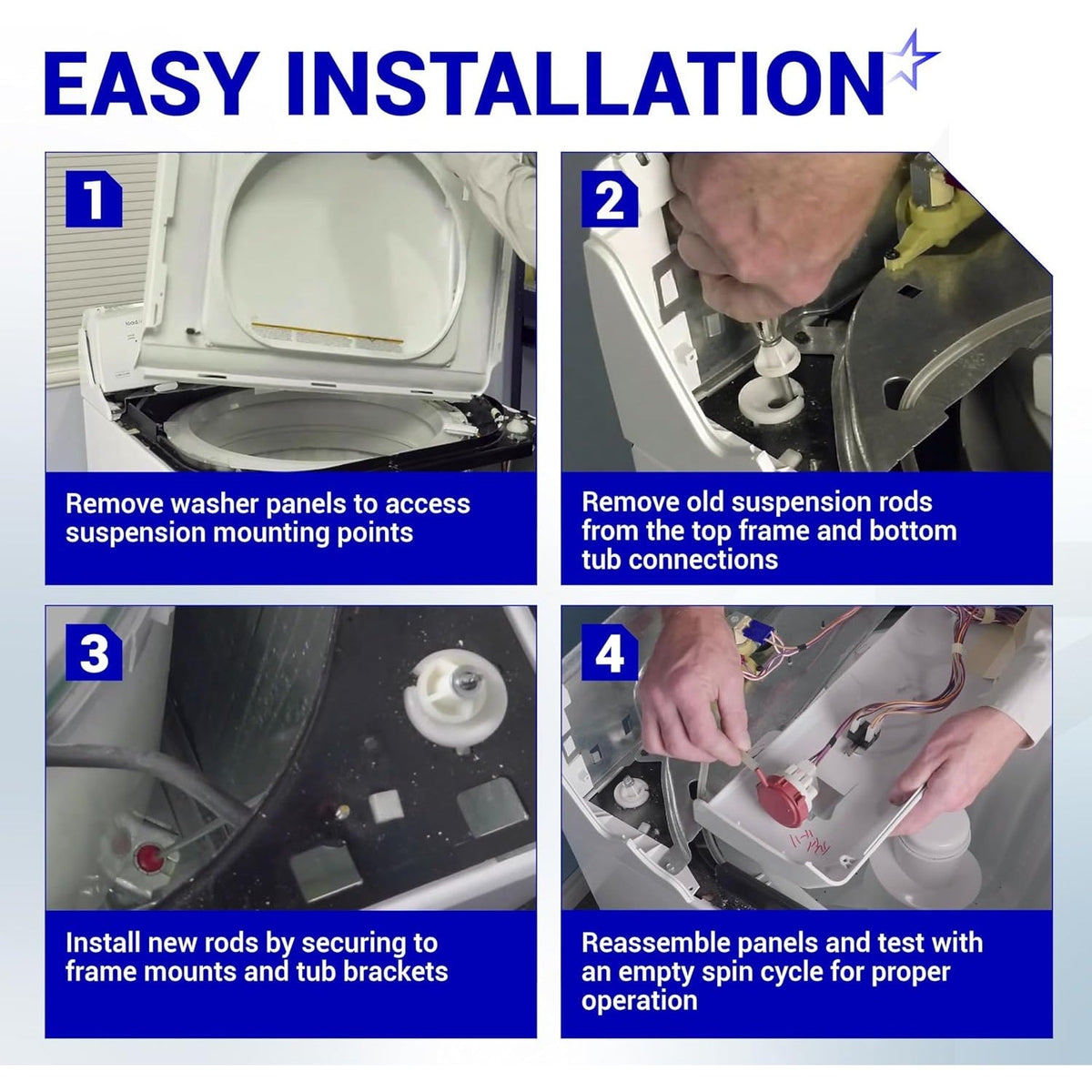 Four-step installation guide for GE washer suspension rod set WH16X10158 and WH16X10159.