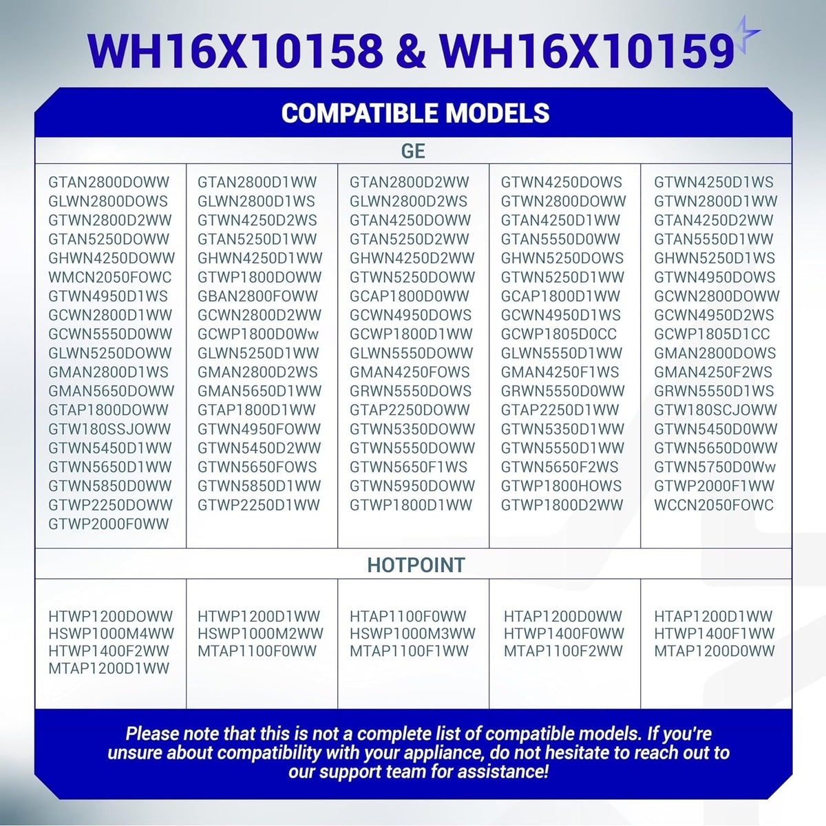 Compatibility chart for WH16X10158 and WH16X10159 washer suspension rod set listing GE and Hotpoint models.