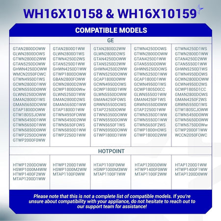 Compatibility chart for WH16X10158 and WH16X10159 washer suspension rod set listing GE and Hotpoint models.