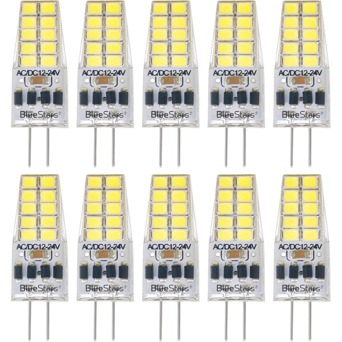 Pack of 10 G4 2W LED bulbs with daylight 6000K light and dimmable AC/DC 12-24V base.