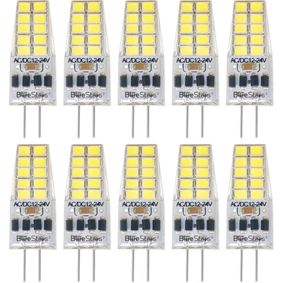 Pack of 10 G4 2W LED bulbs with daylight 6000K light and dimmable AC/DC 12-24V base.