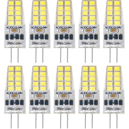 Pack of 10 G4 2W LED bulbs with daylight 6000K light and dimmable AC/DC 12-24V base.