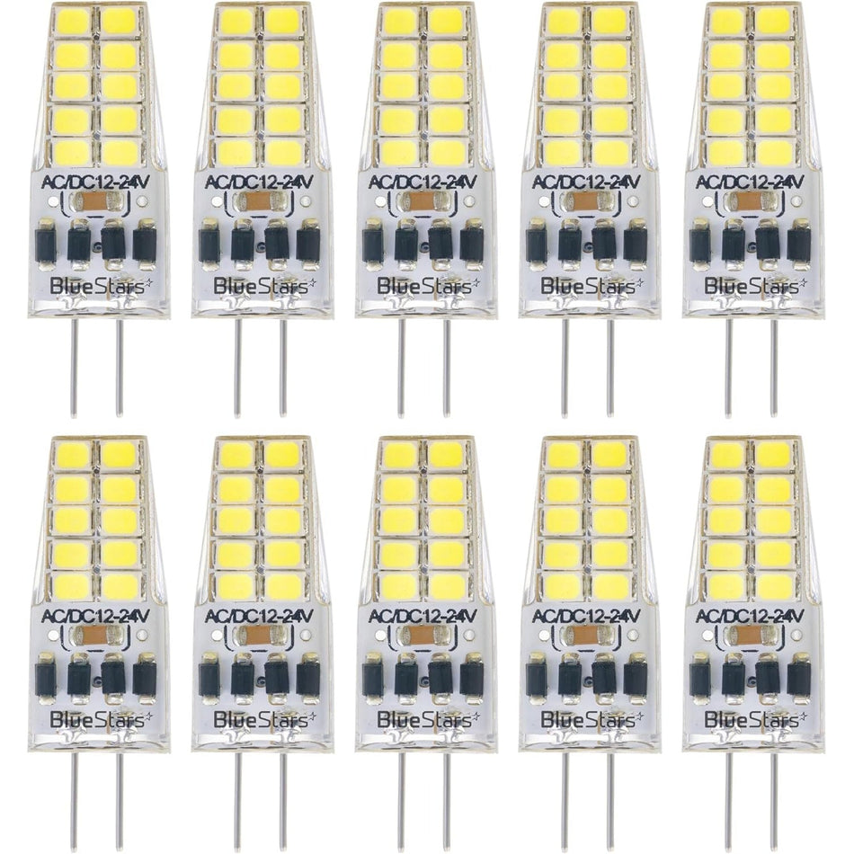 Pack of 10 G4 2W LED bulbs with daylight 6000K light and dimmable AC/DC 12-24V base.