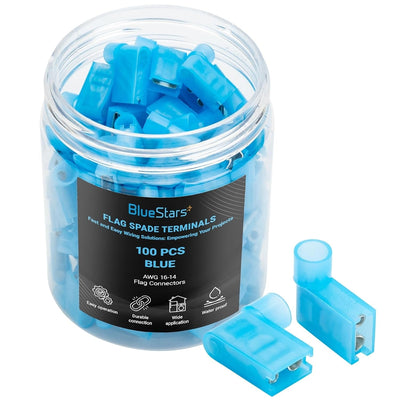 Clear plastic jar filled with 100 blue female flag spade terminals with two loose connectors in front.