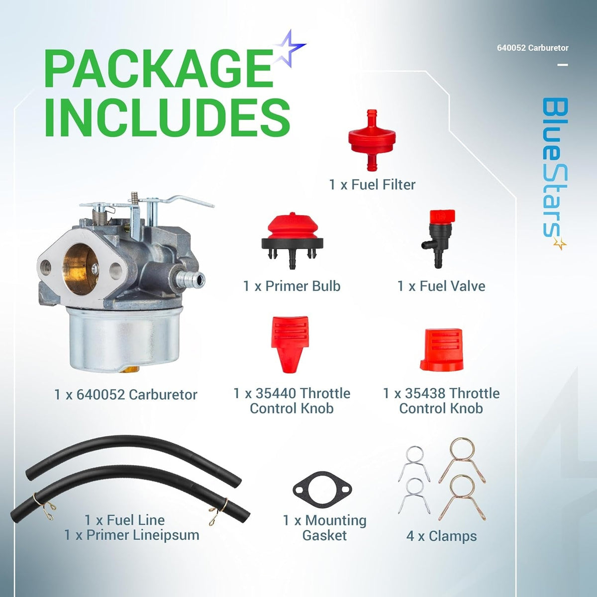 640052 carburetor combo kit including fuel filter, primer bulb, fuel valve, throttle knobs, fuel lines, gasket, and clamps.