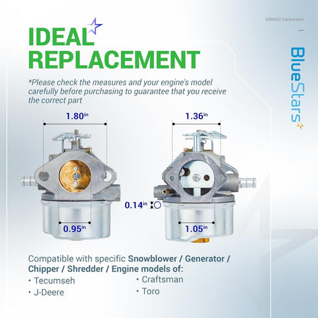 640052 carburetor replacement showing dimensional measurements for compatibility with snowblowers and generators.