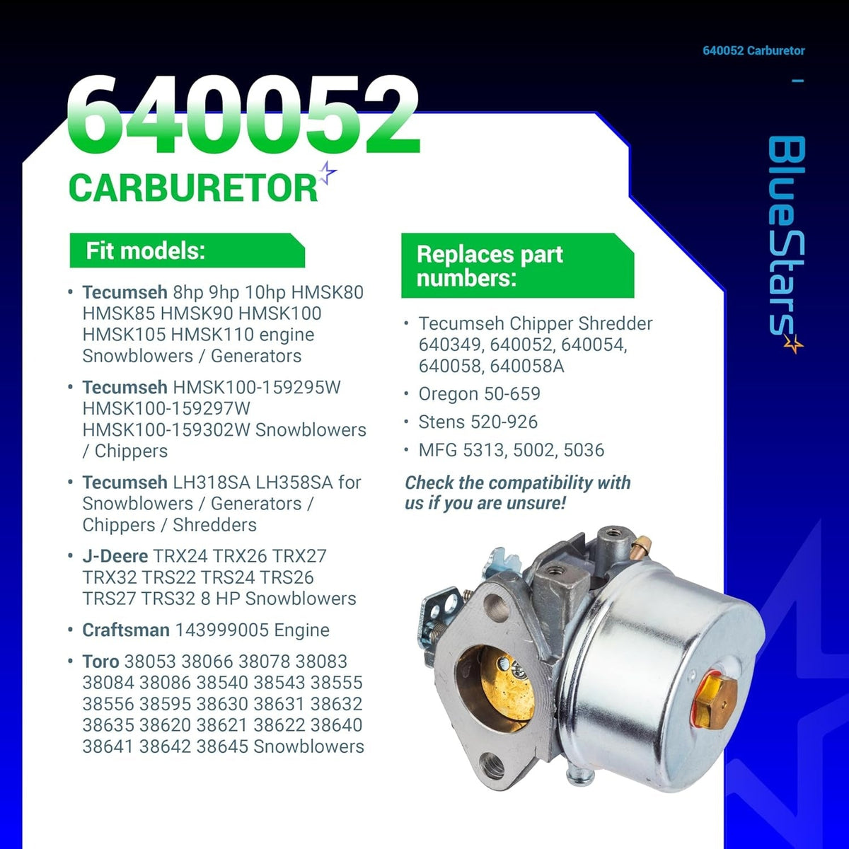 640052 carburetor replacement part for Tecumseh engines with compatibility list and part numbers infographic.