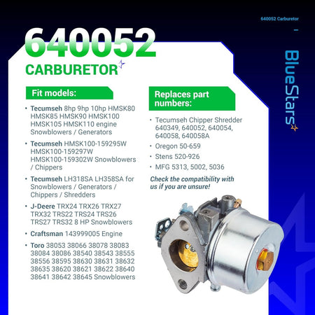 640052 carburetor replacement part for Tecumseh engines with compatibility list and part numbers infographic.