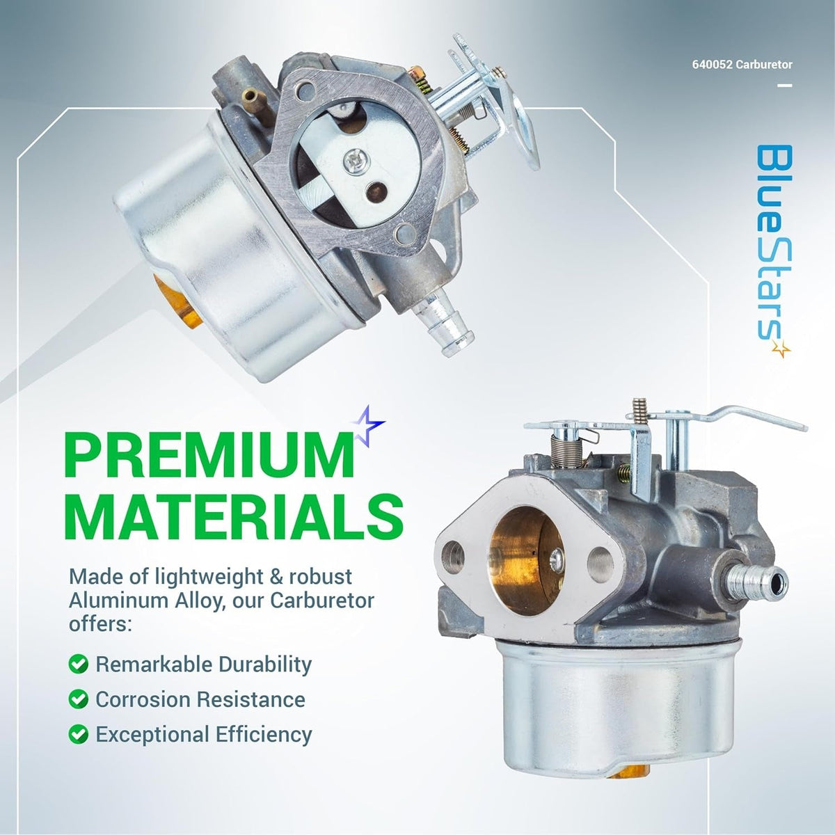 Two views of the 640052 carburetor showing the aluminum alloy construction and metal fuel intake components.