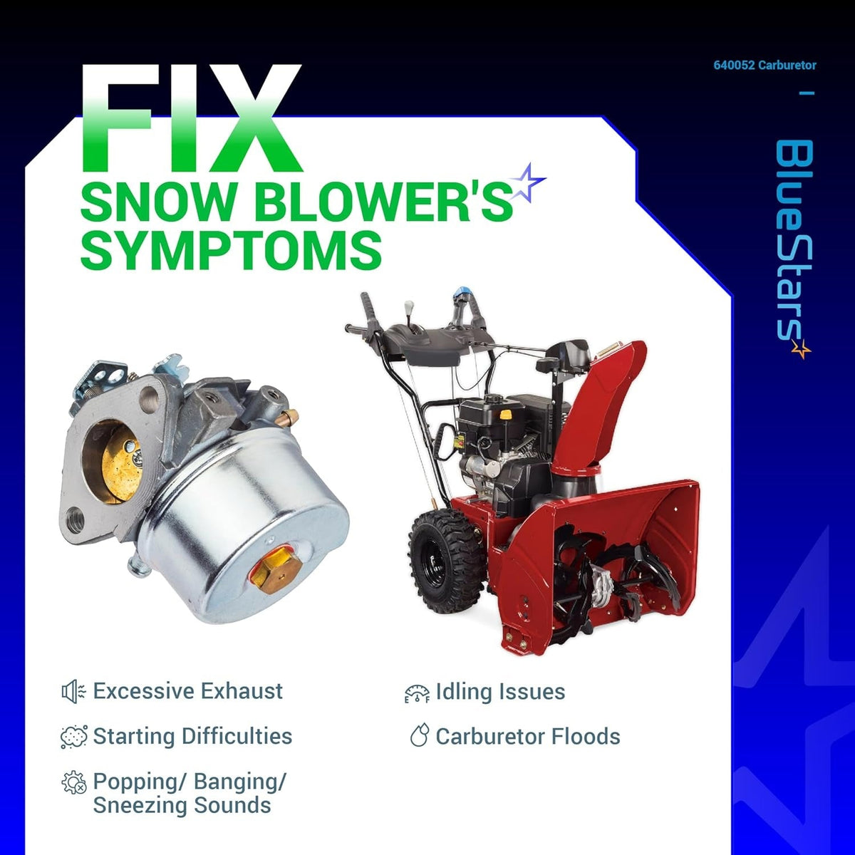 640052 carburetor replacement part shown with a snow blower to illustrate common engine repair symptoms.