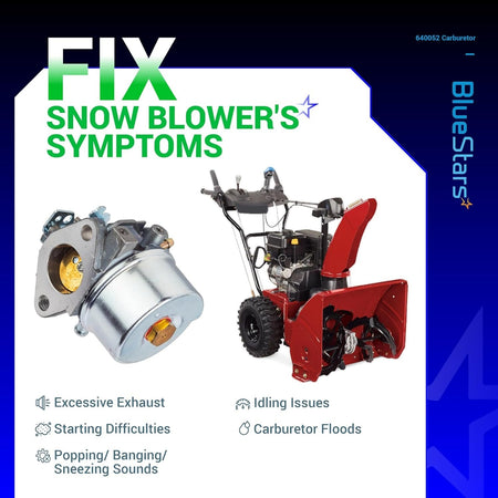 640052 carburetor replacement part shown with a snow blower to illustrate common engine repair symptoms.