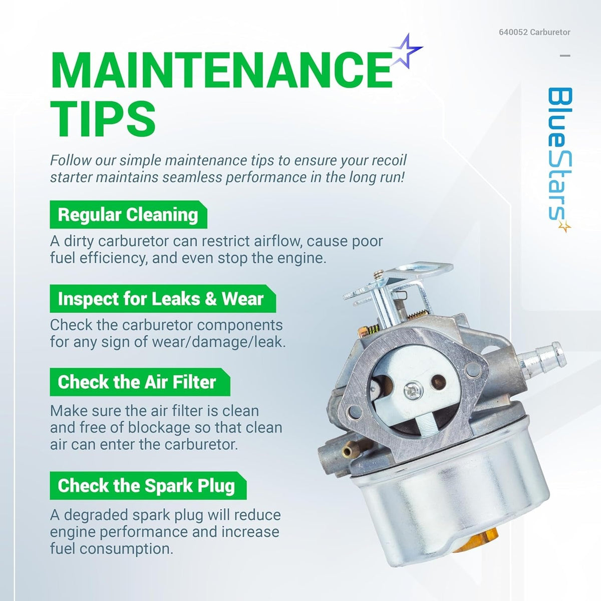 640052 carburetor maintenance tips infographic showing engine part inspection guidelines.