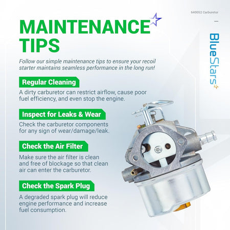 640052 carburetor maintenance tips infographic showing engine part inspection guidelines.