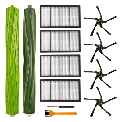 Replacement parts kit for iRobot Roomba s9 series including rubber brushes, filters, side brushes, and cleaning tools.