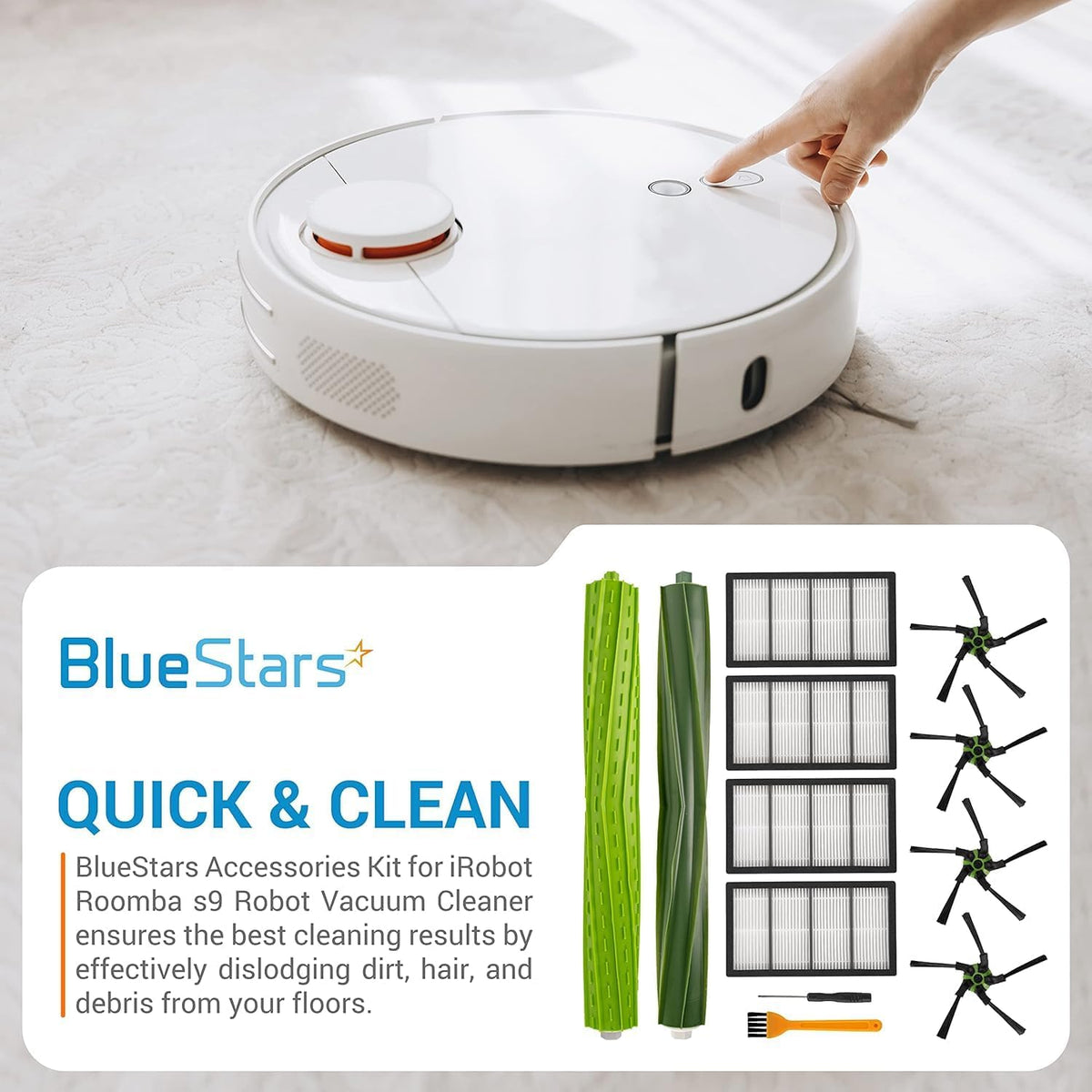 BlueStars replacement parts kit for iRobot Roomba s9 series including rubber brushes, filters, and side brushes.