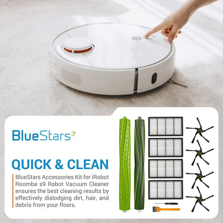BlueStars replacement parts kit for iRobot Roomba s9 series including rubber brushes, filters, and side brushes.