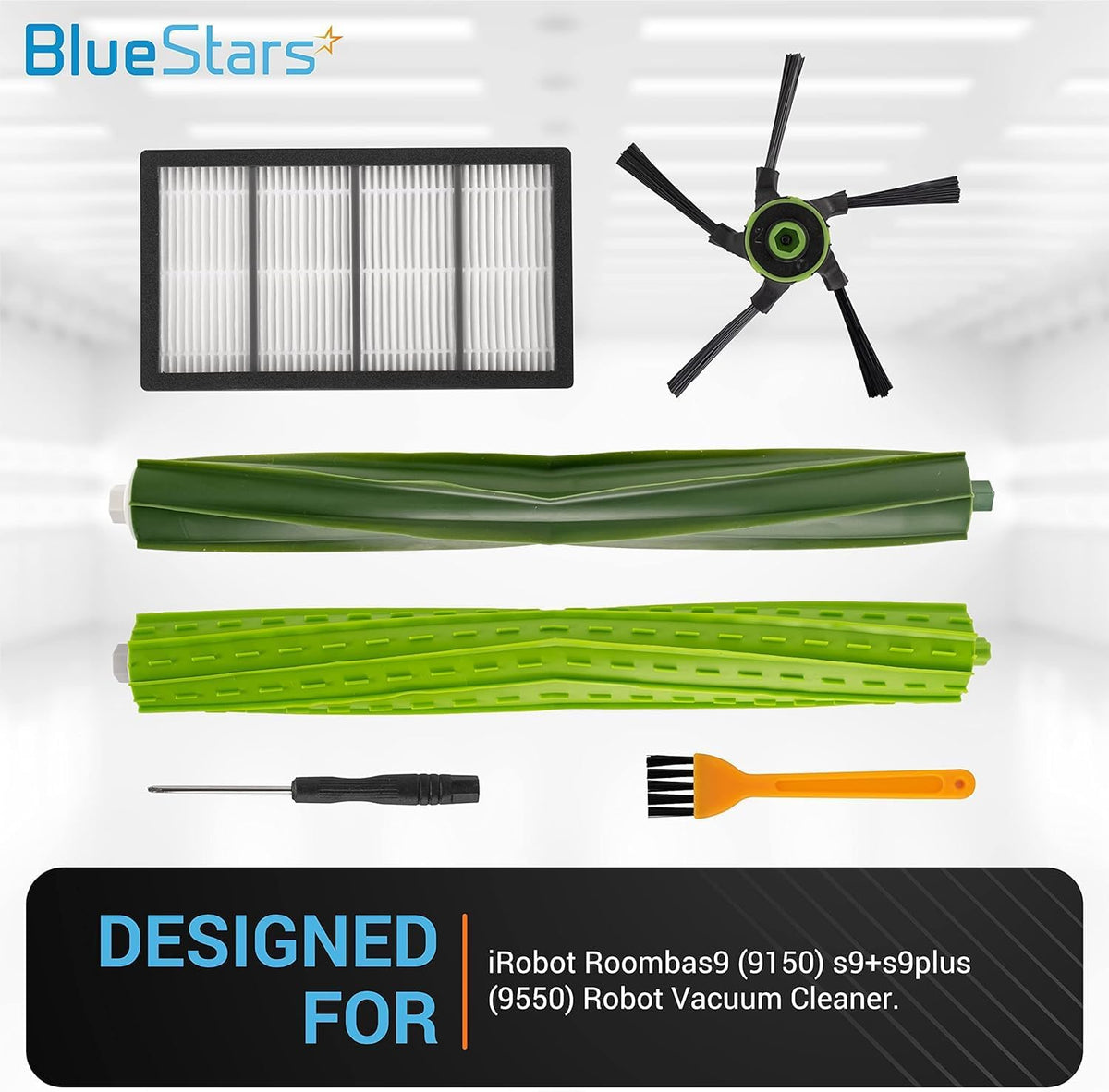 Replacement parts kit for iRobot Roomba s9 series including rubber brushes, filter, side brush, and cleaning tools.
