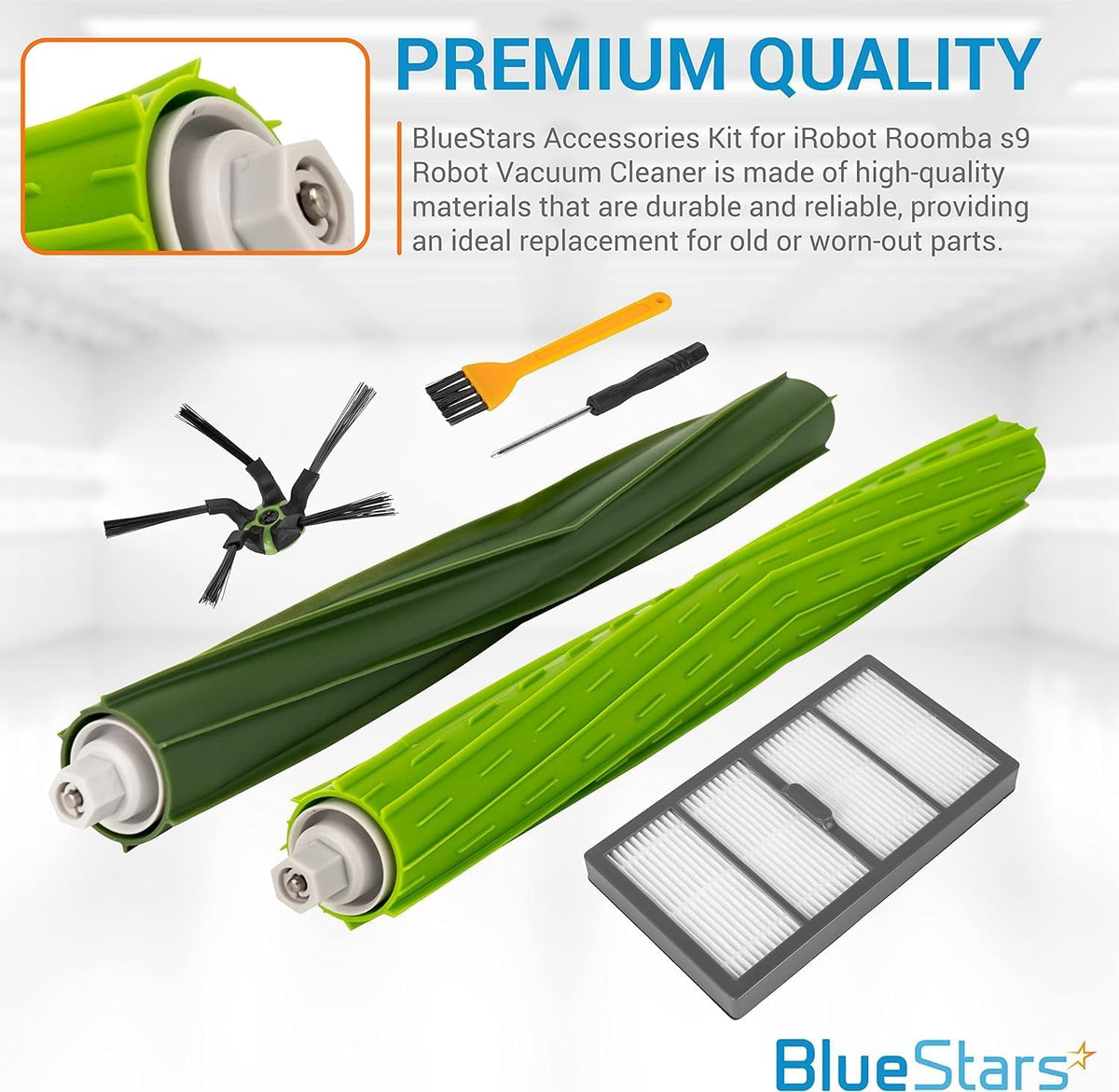 Replacement parts kit for iRobot Roomba s9 including rubber brushes, side brush, filter, and cleaning tools.